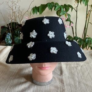 Elegant Black Wool Hat with Silver Sequined Beaded Floral Accents